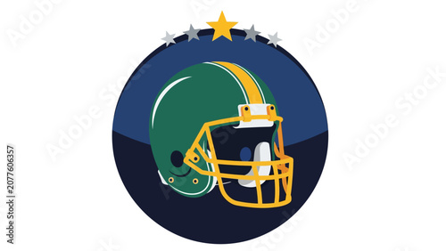 A green and yellow football helmet is centered on a circular emblem with a star