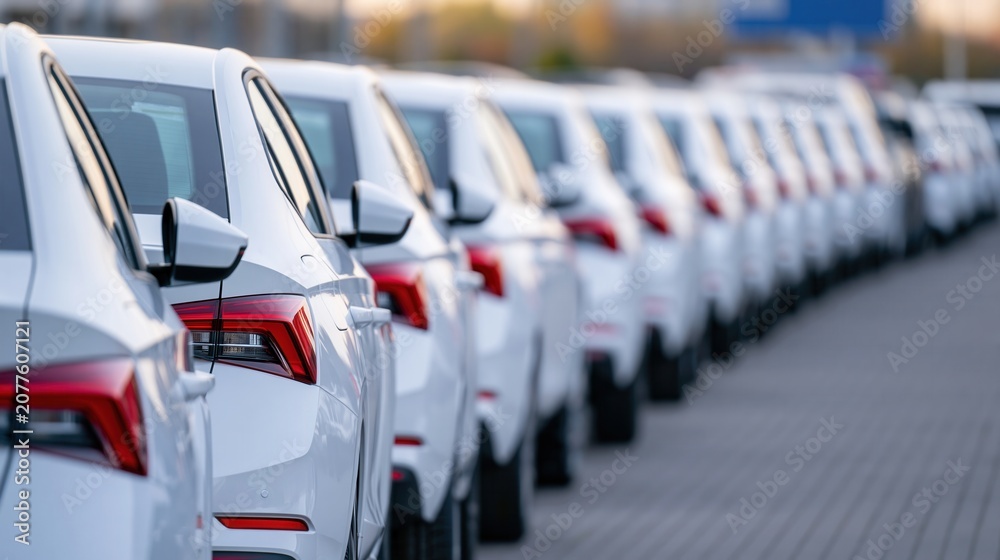 Obraz premium A long line of new white cars parked at a dealership