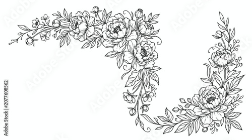 Ornate floral corner border featuring intricate leaves and blossoms for decorative use.