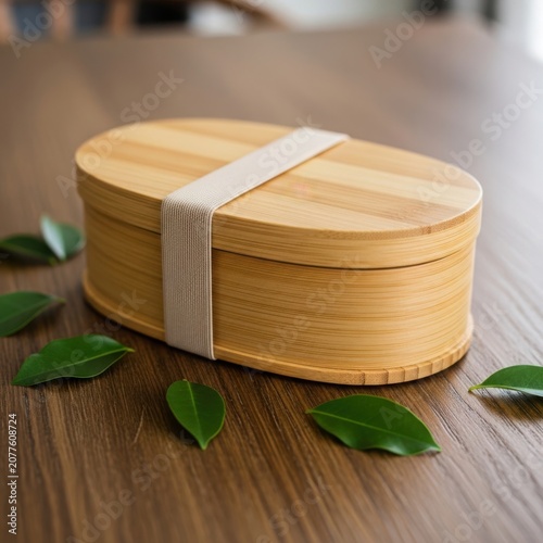 Bamboo bento box with lid and fabric strap