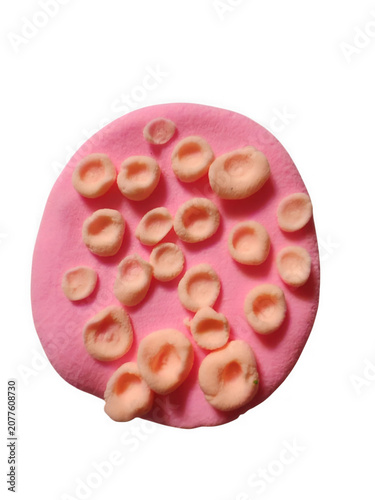 Close up view of pink cookie with numerous small raised cream colored icing swirls transparent background