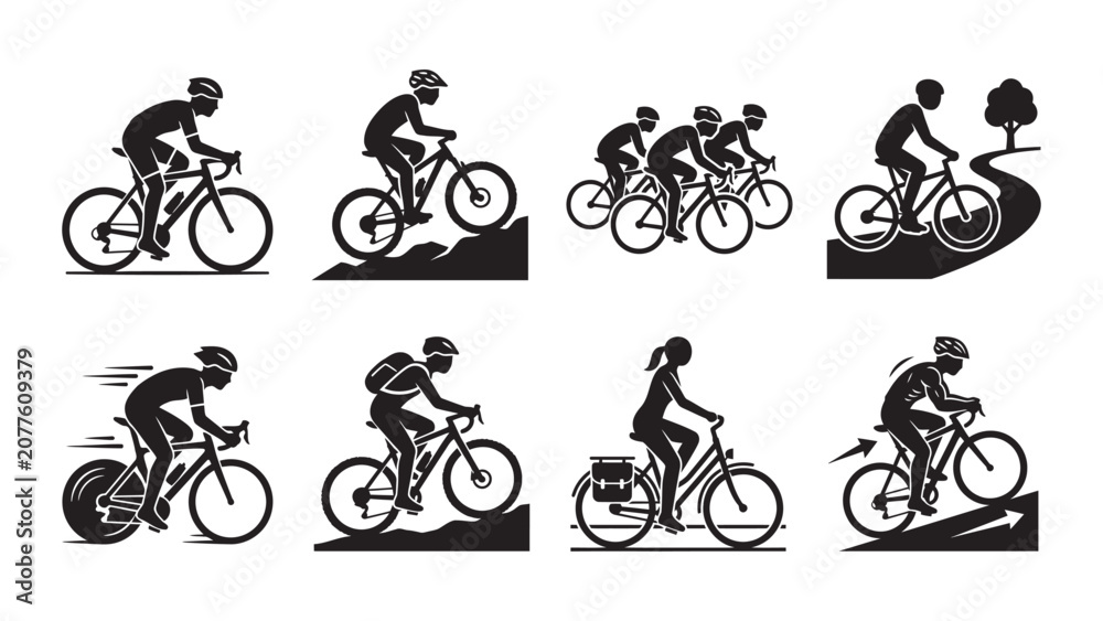 Obraz premium Collection of black and white cycling silhouettes and bicycle riding icons.