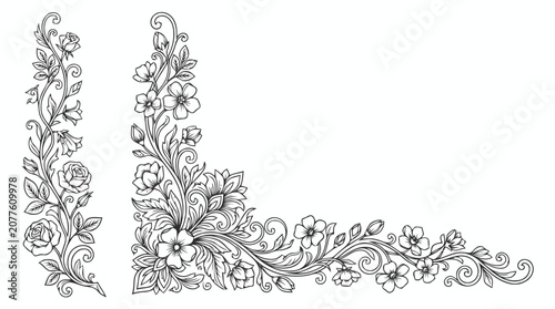 Elegant black and white floral corner border design for decorative embellishment.