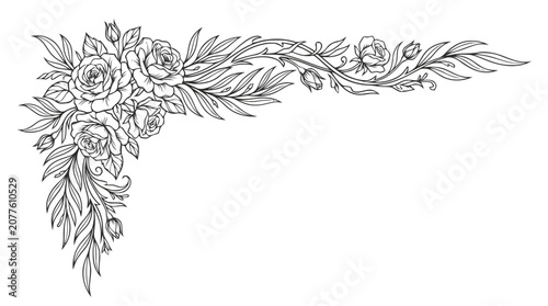 Ornamental Floral Corner Border Illustration in Black and White.