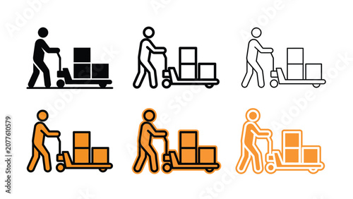 Quadro em tela Line art icons depicting people lifting and moving boxes with hand trucks in var