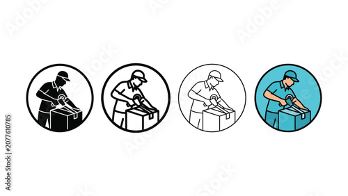 Obraz na plátně Four variations of a delivery worker taping a cardboard box in circular frames v