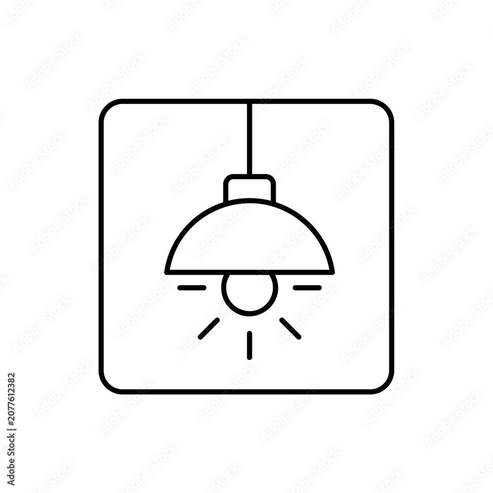 Fototapeta premium Ceiling lamp outline icon. Vector line art illustration of a hanging pendant light fixture with shining bulb for interior decor, home illumination furniture, and architecture app ui design.