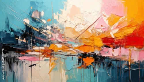 Vibrant Abstract Oil Painting with Bold Brushstrokes and Energetic Colors.