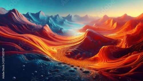 Abstract Landscape with Flowing Colors and Mountain Peaks.