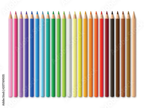 Colored pencils realistic. Wooden pencils, colorful pen child draw tool school supplies stationary red blue green brown white black color 3d isolated set garish vector illustration
