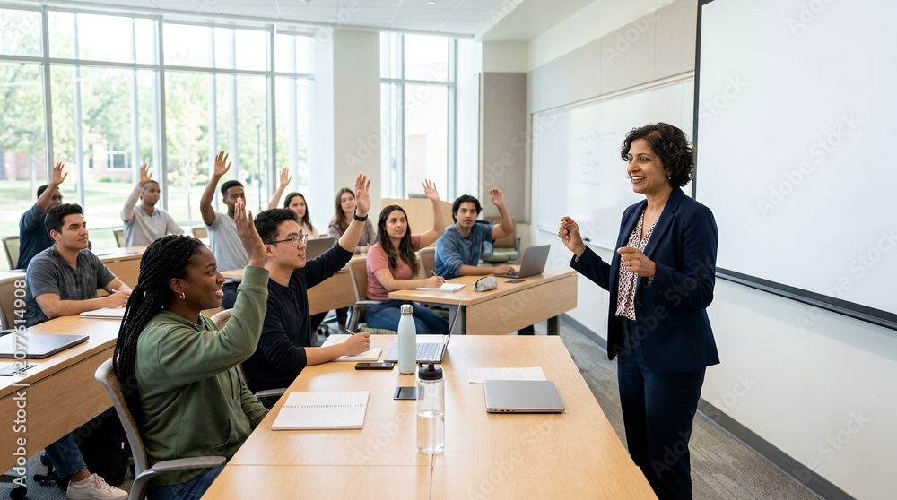 Fototapeta premium A diverse group of college students raise their hands in a bright classroom while a female professor stands at the front, teaching a lesson.