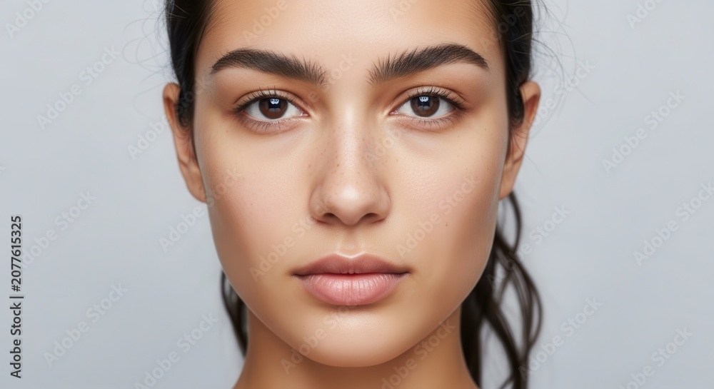 Fototapeta premium Close-up of a young woman with clear skin and dark hair against a neutral background