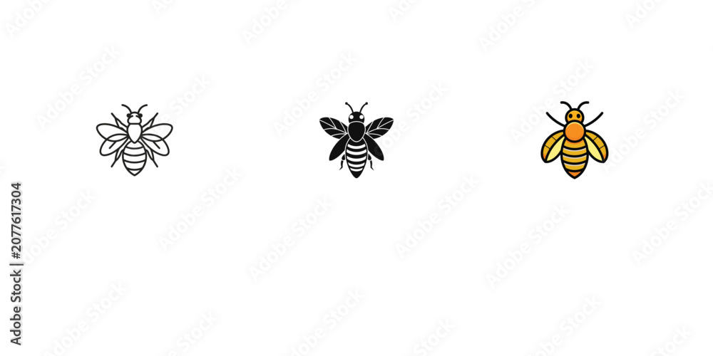 Obraz premium Three stylized honey bee icons showing outline filled black and full color graphic designs.