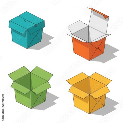 Colorful illustrations of cardboard boxes in various states