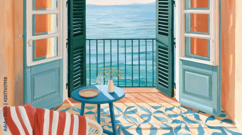 Fototapeta premium Mediterranean seaside balcony view with open green wooden shutters and blue table