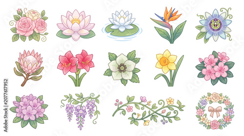 Obraz na płótnie A vibrant collection of various illustrated flowers and floral elements including roses, lilies, protea, daffodils, and decorative vines, all in a charming cartoon style