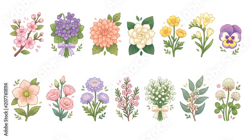 Fotografie A vibrant collection of various watercolor-style floral illustrations, showcasing different types of blooming flowers and small bouquets in soft pastel colors
