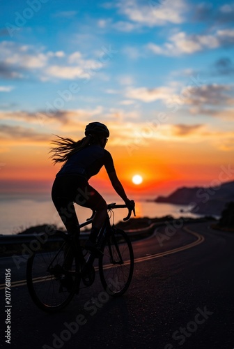 Generated AI silhouette of a female cyclist riding on a scenic coastal road at sunset