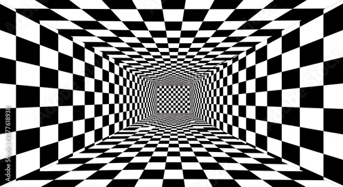 Black and white checkered tunnel creating an optical illusion of depth