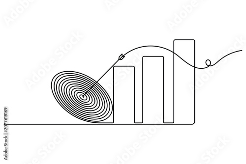Bullseye target with arrow and business growth bar chart icon sign continuous one line drawing on white background minimalist concept of success aim and goal symbol outline vector illustration