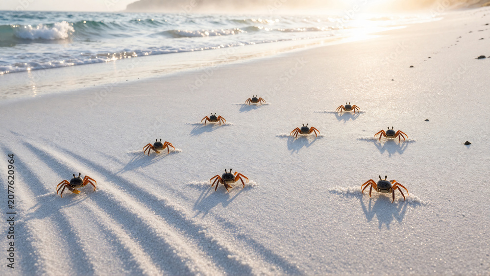 Obraz premium A colony of small crabs makes its way across a sun-kissed white sand beach