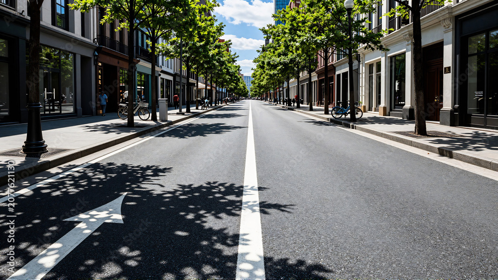 Fototapeta premium Empty Urban Street with Green Trees and Road Markings
