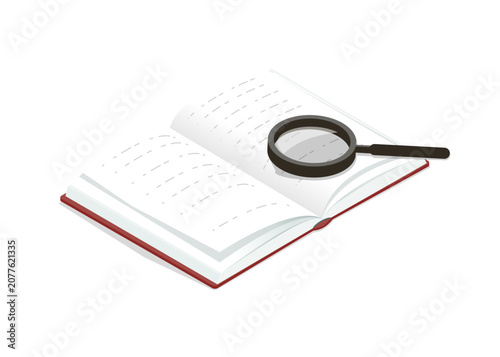 open book with magnifying glass for reading research and document study