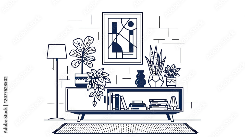Fototapeta premium Modern Living Room Decor: Artwork, Plants, Bookshelf, Lamp