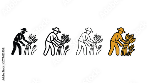 Bild auf Leinwand Four variations of a farmer harvesting wheat sheaves with a sickle in black outl
