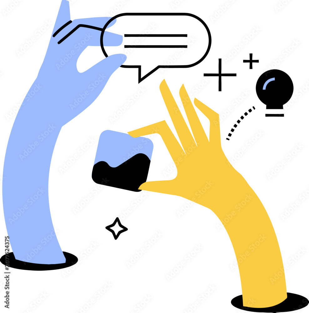 Fototapeta premium Colorful flat design illustration of two hands interacting with a speech bubble and social media like symbols on transparent background.