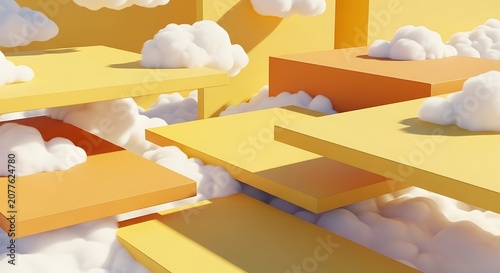 Abstract yellow and orange platforms floating among fluffy clouds