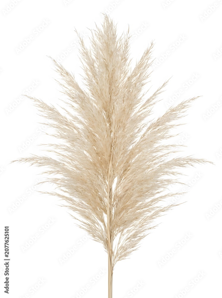 Fototapeta premium Single dried pampas grass plume isolated on white background for minimalist interior decor.
