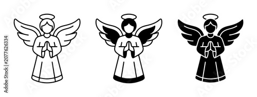 3 Angel Icons Praying, Outline and Silhouette Styles, for Religious and Christmas Themes