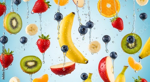 Assorted fresh fruits falling with water splashes on a blue background