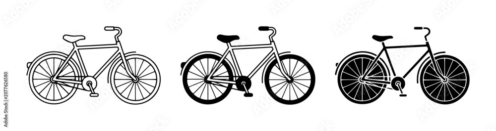 Obraz premium 3 Bicycle Icons Outline Silhouette Flat Style for Transportation and Sport