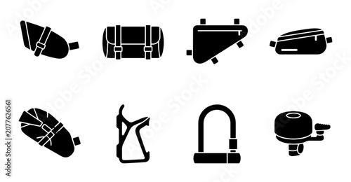 Tableau sur toile 8 Bicycle Accessories Silhouette Icons, Flat, for Cycling and Travel