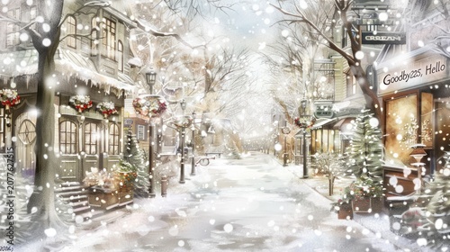Snowy Winter Village Street Scene with Holiday Decorations and Christmas Lights in Soft Atmosphere