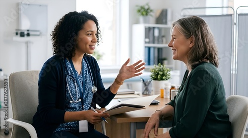 Doctor and patient consultation, diverse healthcare professionals discussing medical care