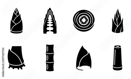 Fotografie Bamboo icon set shoots, stalks, and segments outline, solid styles, white backgr