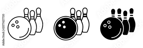 Canvastavla Bowling icon set ball and pins outline, solid and color styles