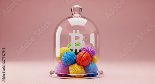 Bitcoin symbol and colorful brains inside glass cloche on pink
