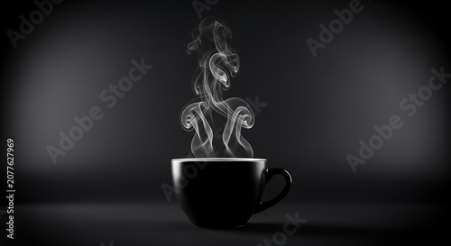 Black cup with hot white steam on a dark studio background