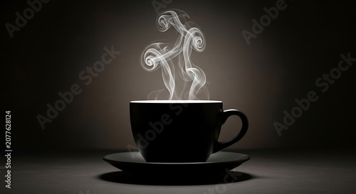 Black coffee cup with hot steam rising in dark setting