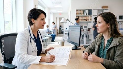 Doctor consulting patient at desk, medical office, doctor's visit, healthcare concept