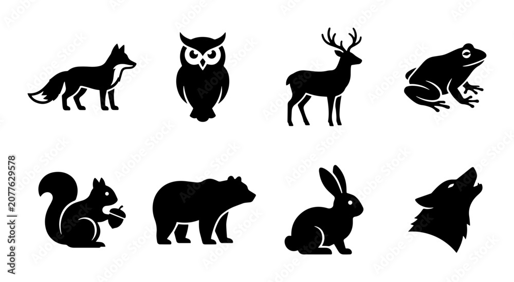 Fototapeta premium 8 Forest Animals linear icon set fox owl deer frog squirrel bear rabbit wolf, UI and web interface design