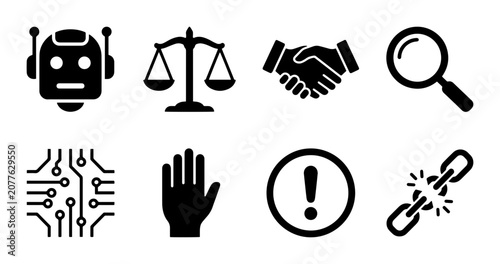 8 Business and Technology linear icon set robot scales handshake magnifying glass circuit board hand stop sign broken chain, UI and web interface design