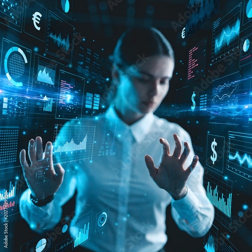 Businessman interacting with floating holographic financial charts and currency symbols in a futuristic digital environment, representing digital finance and advanced data analysis.