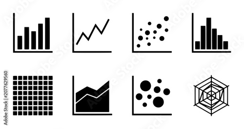 8 Data Charts linear icon set bar graph line chart scatter plot, UI and web interface design