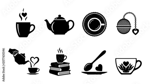 Obraz na płótnie Tea Time Icons Set, Cozy Beverage Graphics, Hot Drink Symbols, Heart Infusion Il