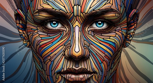 Close up of abstract human face with colorful mosaic pattern